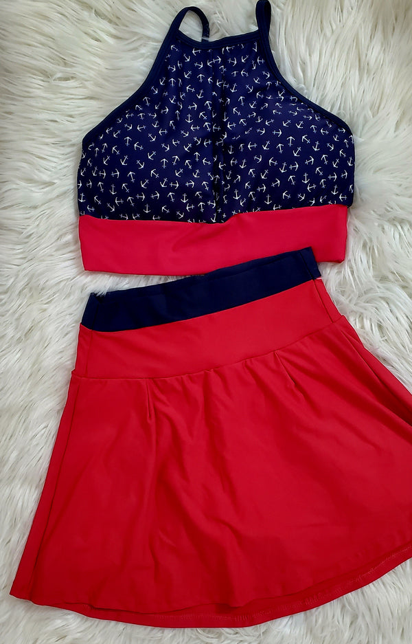 set de falda azul y rojo con estrellas